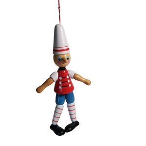 Vintage Wood Pinocchio Christmas Ornament Wooden Boy Midwest Taiwan Folk Art